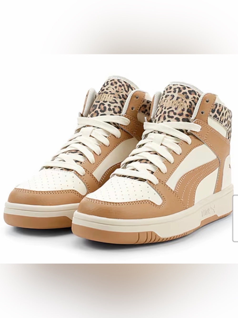 Puma High-Top Sneakers in Cream and Tan with Leopard Accent